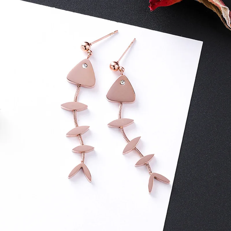 2019 New Stainless Steel Fish Boen Dangle Earrings for Women Girl's Cute Funny Drop Earring Rose Gold Travel | Украшения и
