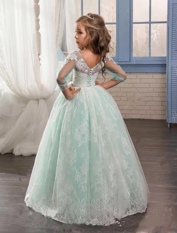 2017 Mint Green Flower Girl Dresses O Neck Three Quarter Sleeve Lace Floor Length Girls Birthday Dress graduation gowns children | Свадьбы и