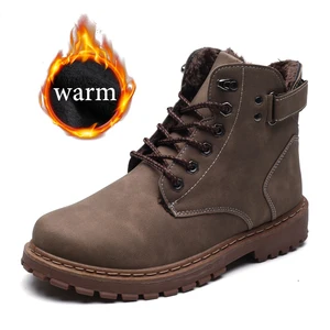 Новинка; сезон осень-зима; зимние мужские ботинки из искусственной кожи; ботинки в байкерском стиле с мехом; теплые винтажные классические мужские повседневные ботинки
