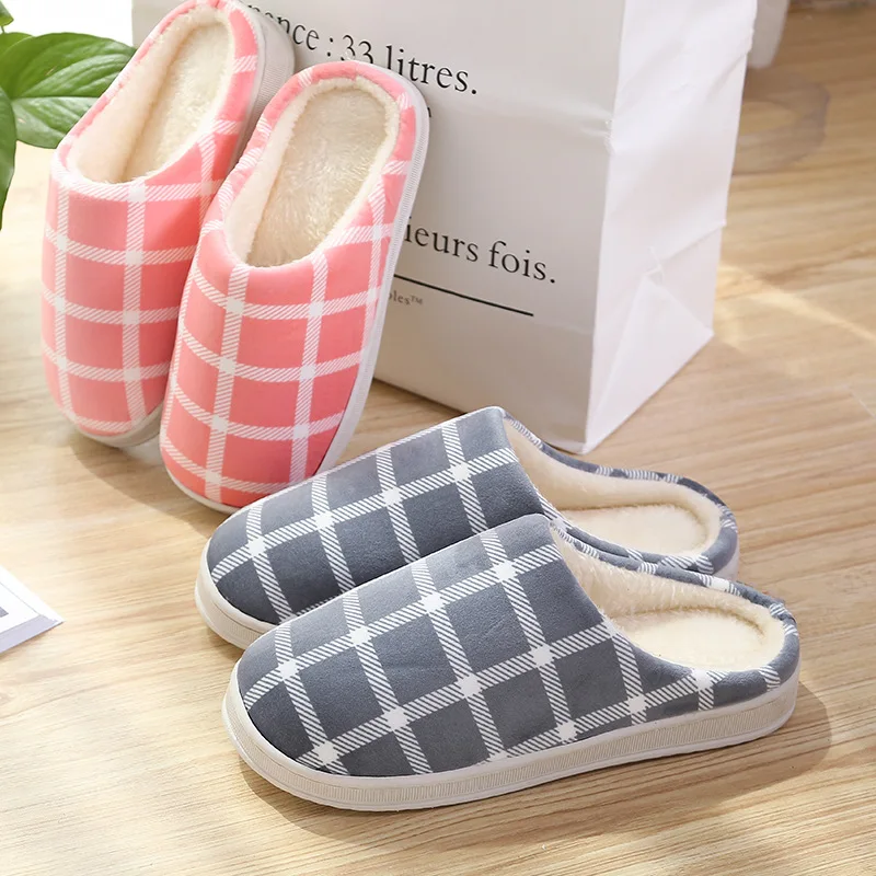 Сезон осень зима комнатные плюшевые тапочки в клетку для мужчин и женщин теплая