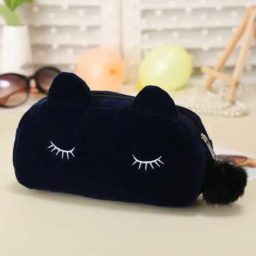 Navy blue Мультяшный кавайный чехол для карандаша милый кот плюшевая большая сумка для карандашей для девочек Детская офисная школьная принадлежности канцелярские принадлежности - Цвет: Navy blue