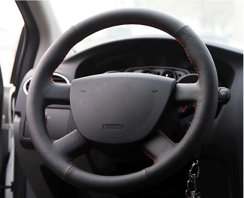 GNUPME черный искусственный кожаный чехол рулевого колеса автомобиля для Ford Focus 2 2005- Специальные Ручные сшитые рулевые чехлы