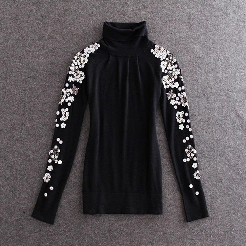 Women Sweaters And Pullovers Fashion 2020 Winter Turtleneck Black Basic Thin Flower Beads Long Sleeve Slim Body Knitted Sweater | Женская