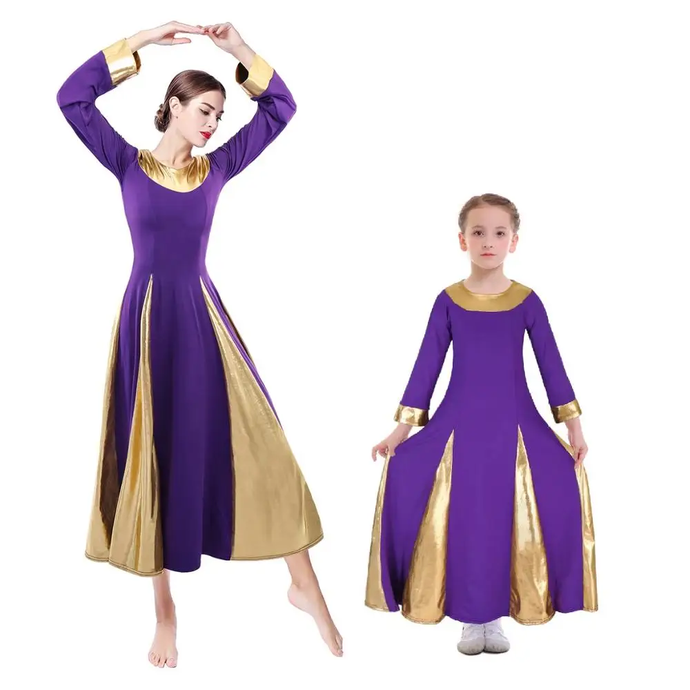 Purple with Gold Элегантный церковь платья для Для женщин взрослых и Девочка Семейные комплекты похвалы плиссированное платье балетное платье литургические платье для танцев - Цвет: Purple with Gold