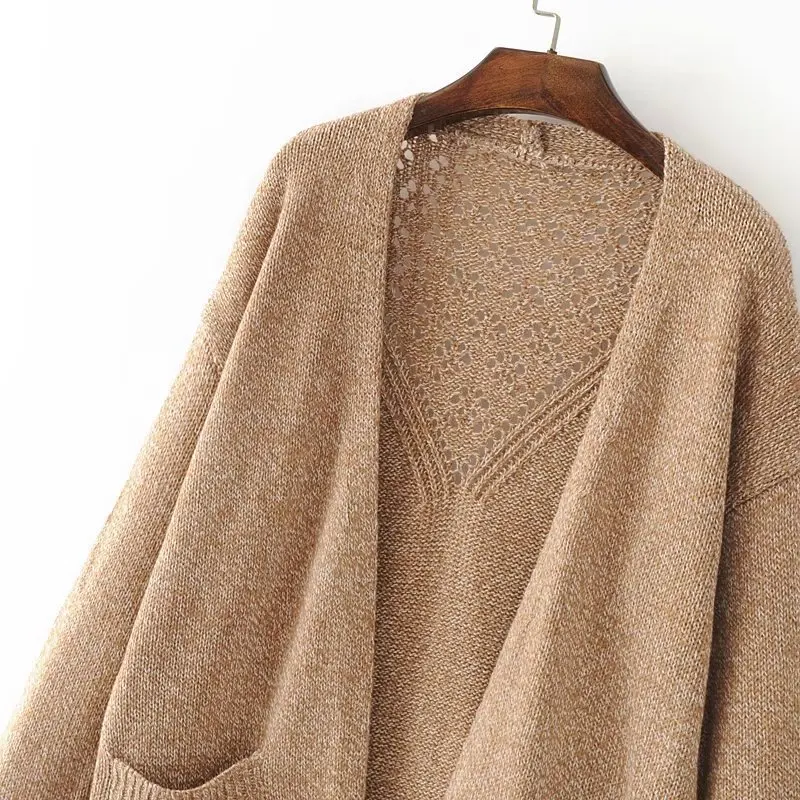Women Slim Fit Knitted Sweaters Long Cardigan Autumn Winter Back Hollow Out Oversized Sweater Big Pockets |