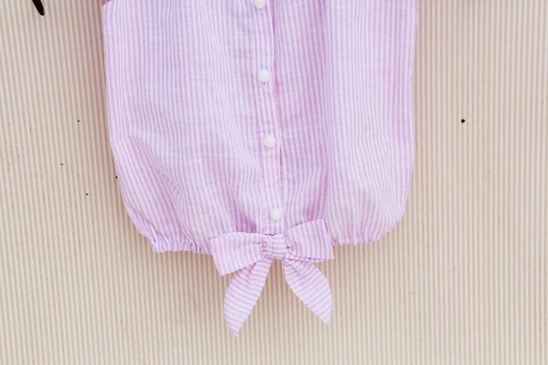 Блузка летняя для девочек-подростков хлопок в полоску без рукавов с бантом