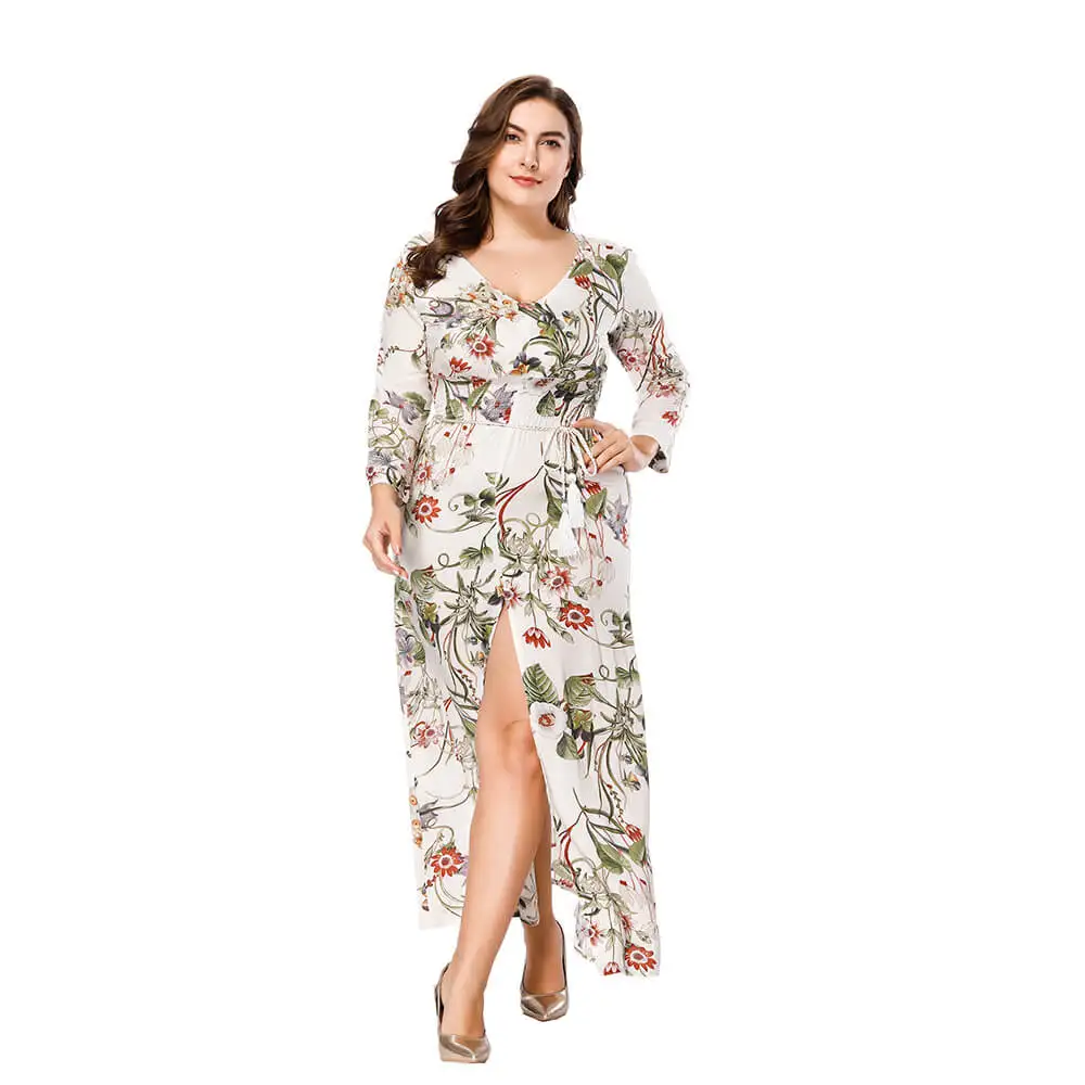 Robe De Soiree сексуальное шифоновое длинное вечернее платье с v-образным вырезом, большие размеры, вечернее платье с длинным рукавом и цветочным рисунком, вечерние платья с разрезом, Пляжное Платье - Цвет: Слоновая кость