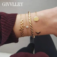 free shipping 4 pcsset gold leaf charm bracelets for women elegant chic chunky bangle sun moon cuff bangle set gift accessories