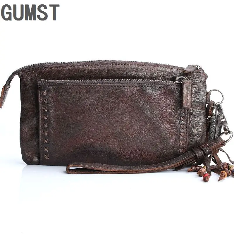 

2019 Design Top Layer Genuine Sheepskin Leather Long Mens Wallets Retro Purse Handmade Wallet Card Holder Day Clutches Wristlets