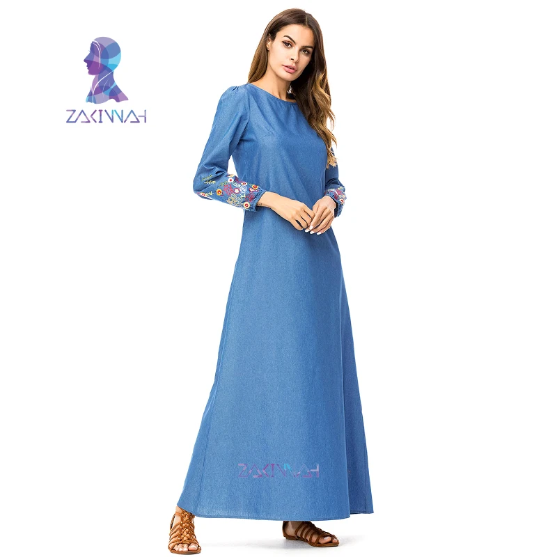 Платья с цветочной вышивкой мусульманское платье из джинсовой ткани Abayas для