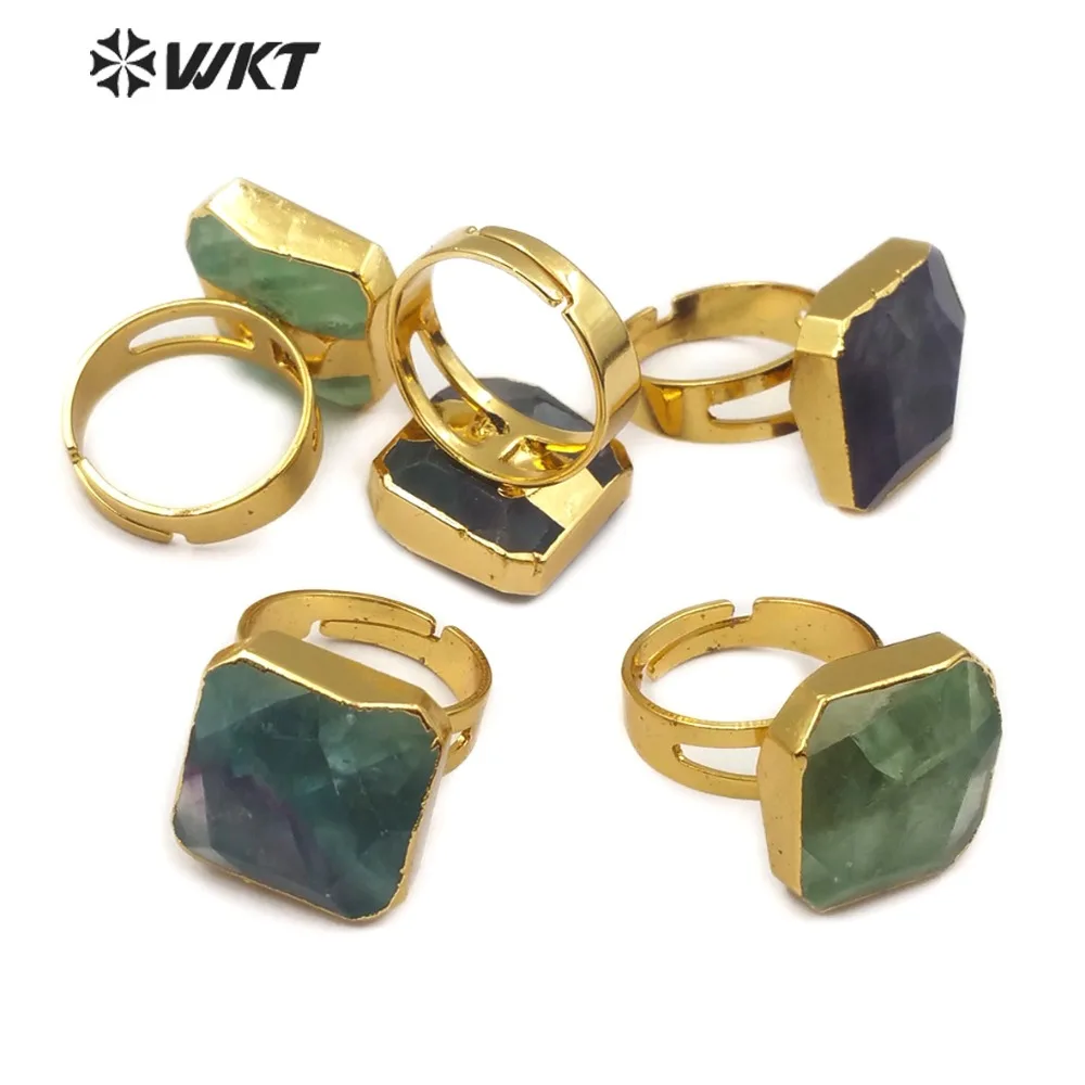 WT R211 горячая Распродажа кольца из природного радужного флюорита с золотым