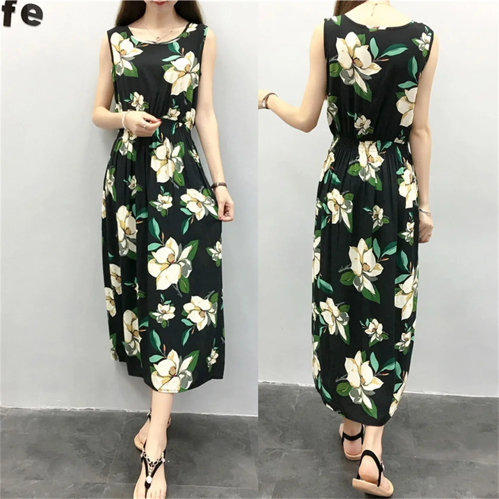 Летние богемные женские платья с О-образный воротник без рукавов женский Платье