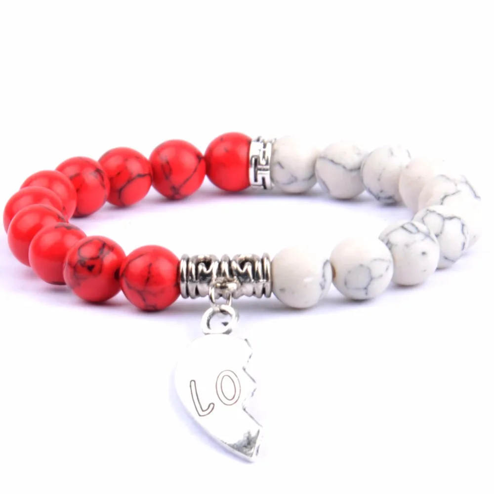 Браслеты Trendy Lover для пар, синтетические, белые/красные, бусины из турмалинового камня, сердечная подвеска для женщин и мужчин, ювелирные изделия.
