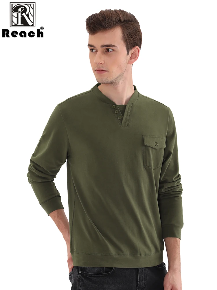 Достичь с длинным рукавом Для мужчин футболка хлопок человек v образным вырезом