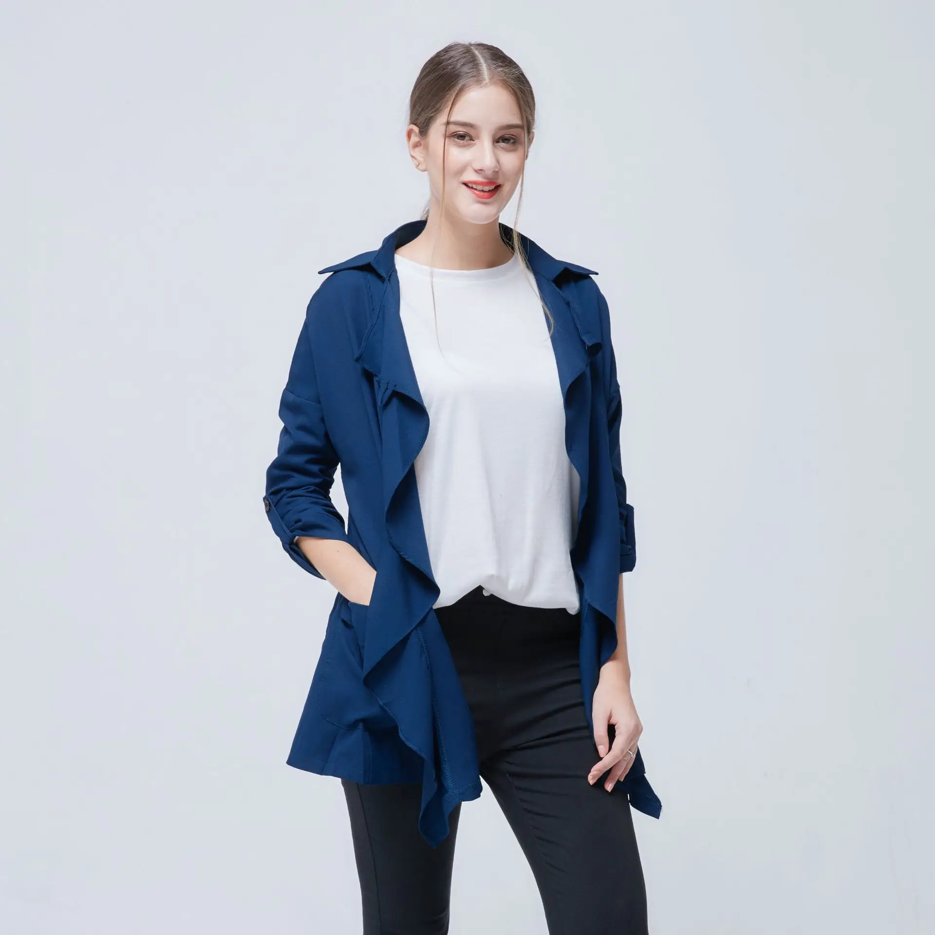 

2018 Korean Women Ruffle Spring Coat Turn-down Collar Open Stitch Jacket Female Casual Outwear Women's Solid Coat Plus Size 5XL
