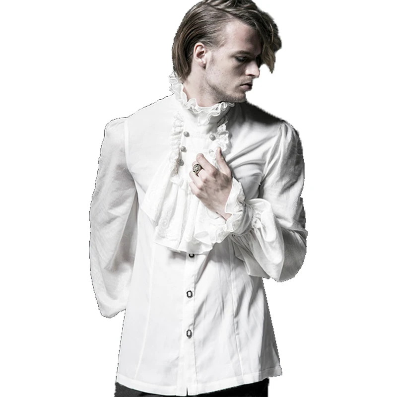 

Punk Gothic Men Chiffon Shirt Blouses Steampunk Lace Embossed Shirt Stand Collar Party Formal Blouse Tops