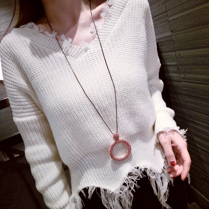 Новый Модные украшения со стразами круг кулон длинной цепи свитер Цепочки и