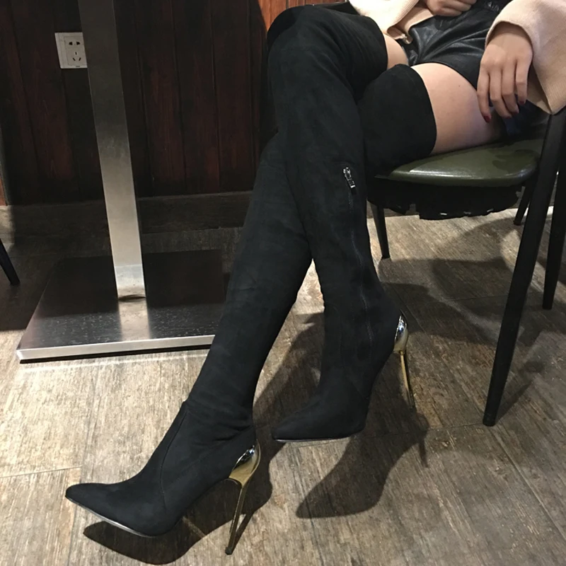

Fashion Star Autumn Winter Women Sexy Black Boots Over The Knee Long Boots Pointed Toe Metal Heels Shoes Elastic Stretch Boots