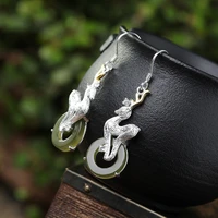 s925 sterling silver inlaid natural hetian jade jasper white horse safety buckle female earrings free shipping