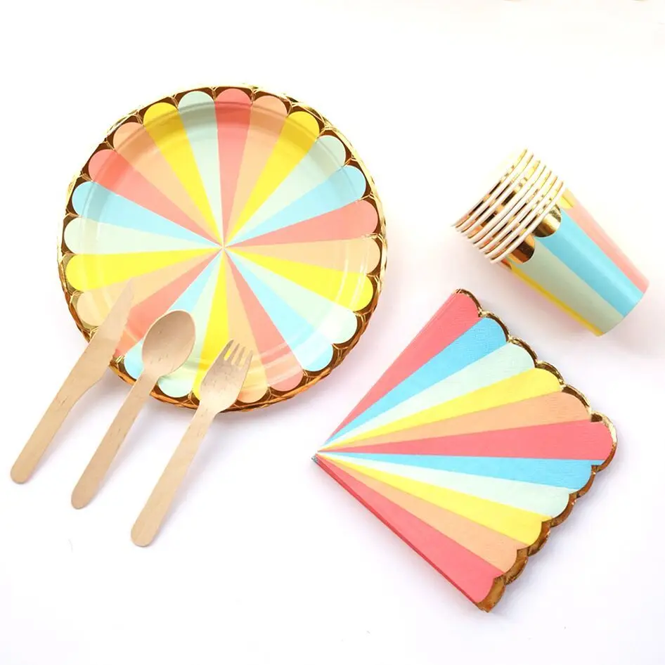 Rainbow Paper Plates Cups Straw Tableware Birthday Party Decorations Adult Rose Gold Summer Wedding Bachelorette Party Supplies