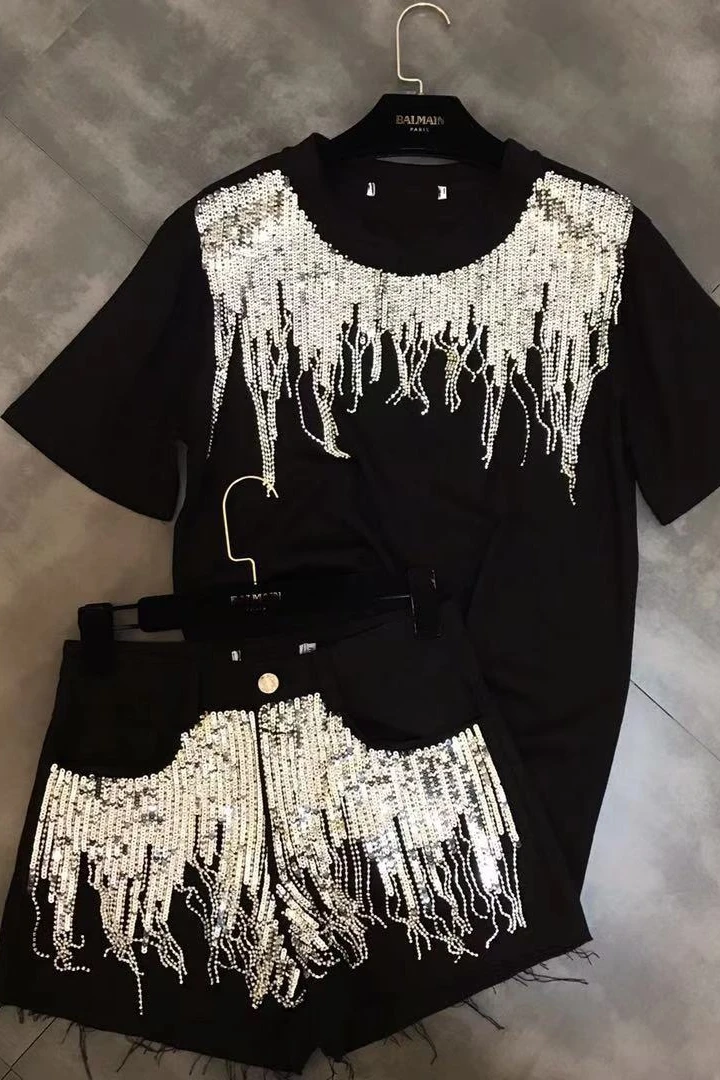 Лето 2019 тяжелая работа блестящая футболка с кисточками стразы из бисера бахрома