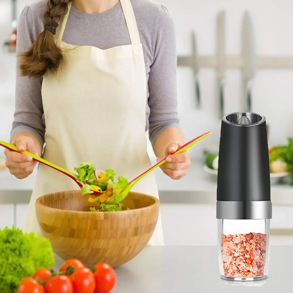 Premium Gravity Electric Salt and Pepper Grinder Set of 2 Battery Powered Shakers Automatic One Hand Mills with L