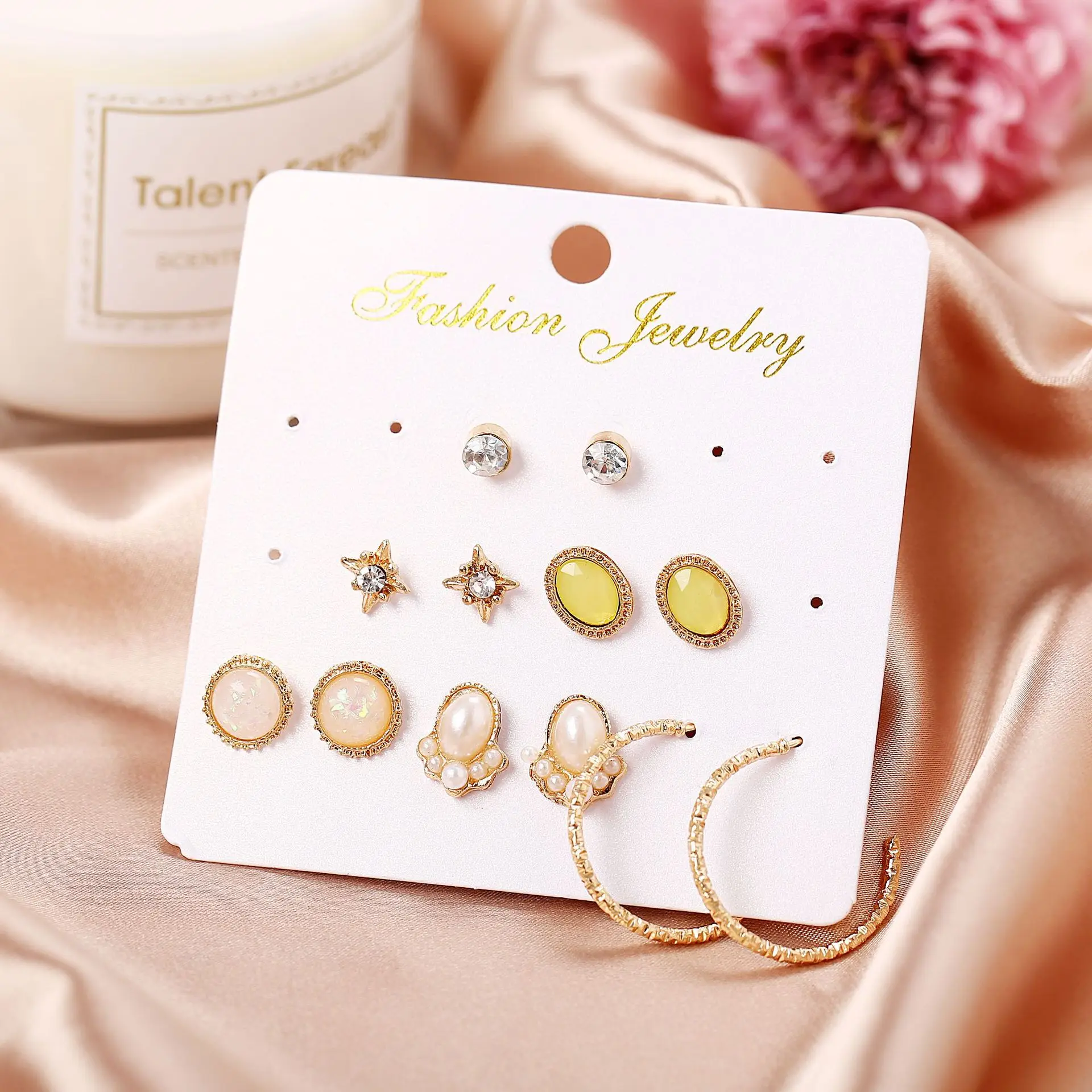 RLOPAY 6 Pairs/sets Alloy Geometric Earrings Women Girl Fashion Pearl CZ Bead Gold Color Jewelry Metal Stud Set | Украшения и