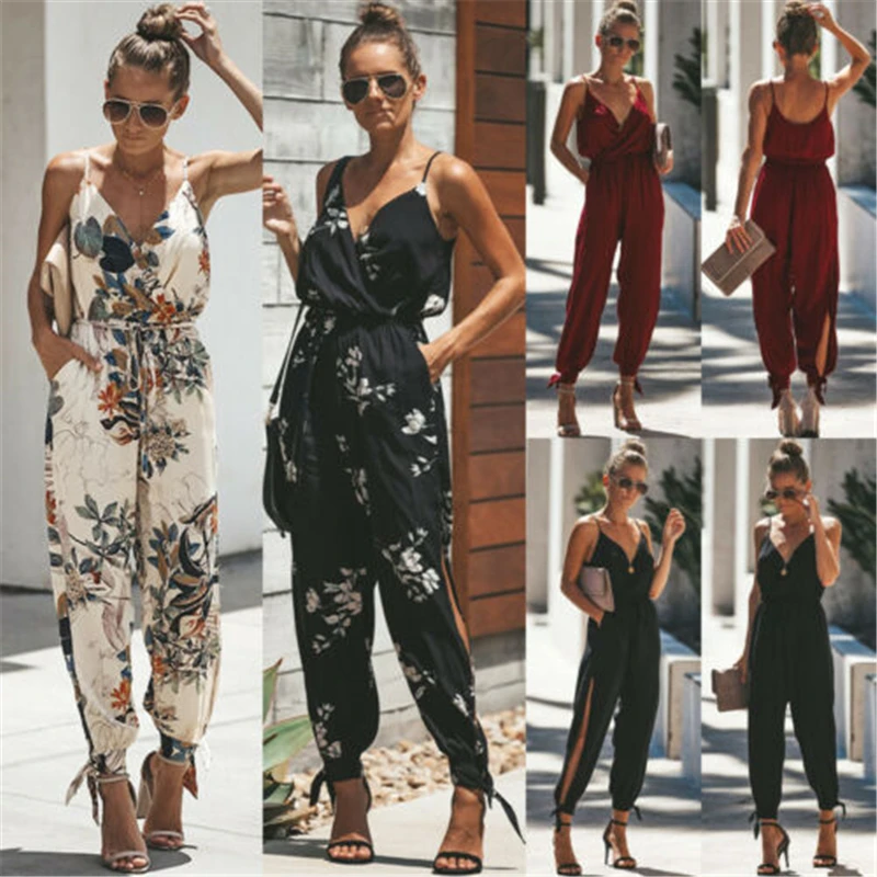 Женские повседневные Комбинезоны без рукавов с v образным вырезом и цветочным