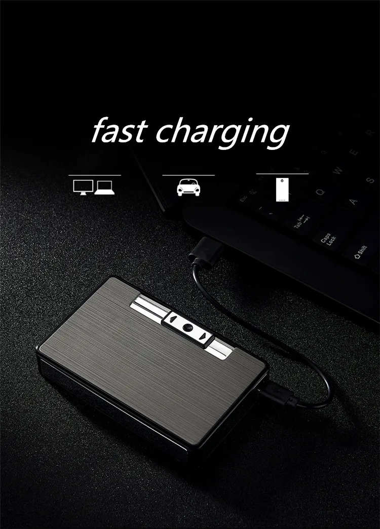 Waterproof Metal Cigarette Case with Lighter USB Plasma Arc Lighter Automatic Tobacco Box Holder Windproof Turbo Coil Lighters