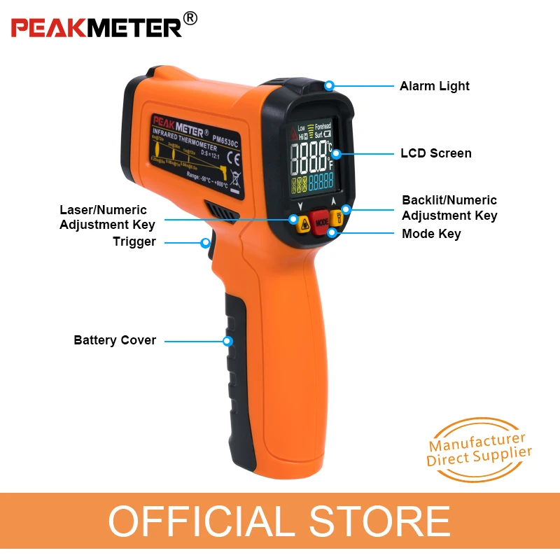 PEAKMETER PM6530C ручной лазерный инфракрасный термометр с ЖК дисплеем температура 50 ~ 800