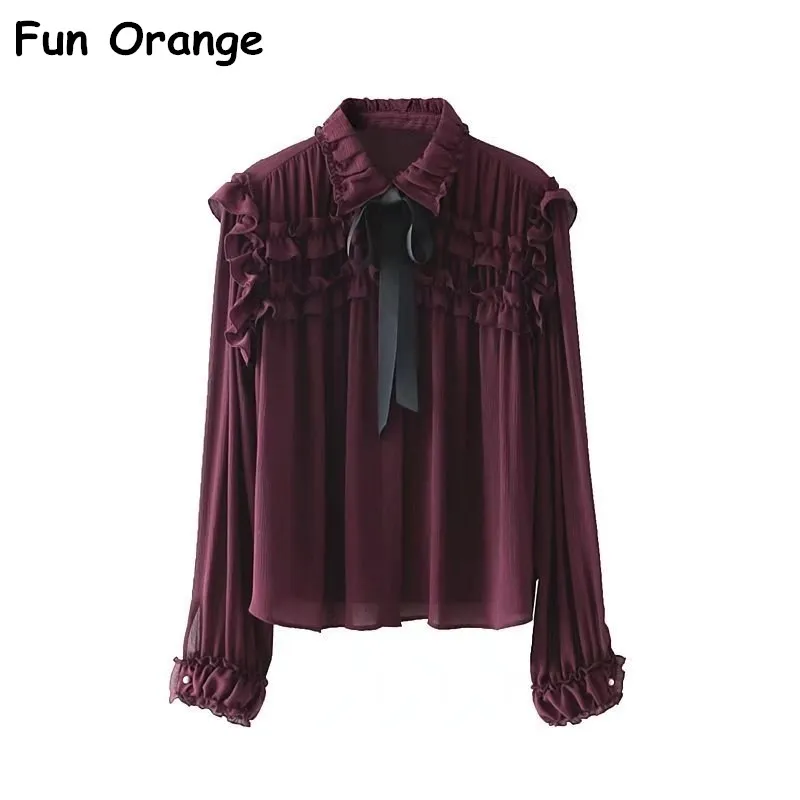 Весело оранжевый Сексуальная рюшами цвет красного вина Шифоновая блузка Для
