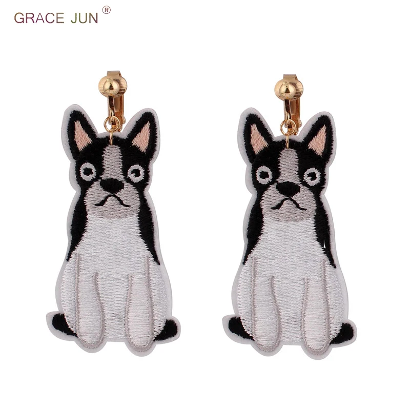 GRACE JUN Vintage Balck Dog Clip on Earrings Without Pierced for Women Luxury Fashion Embroidery Animal No Hole Ear Clip Gift