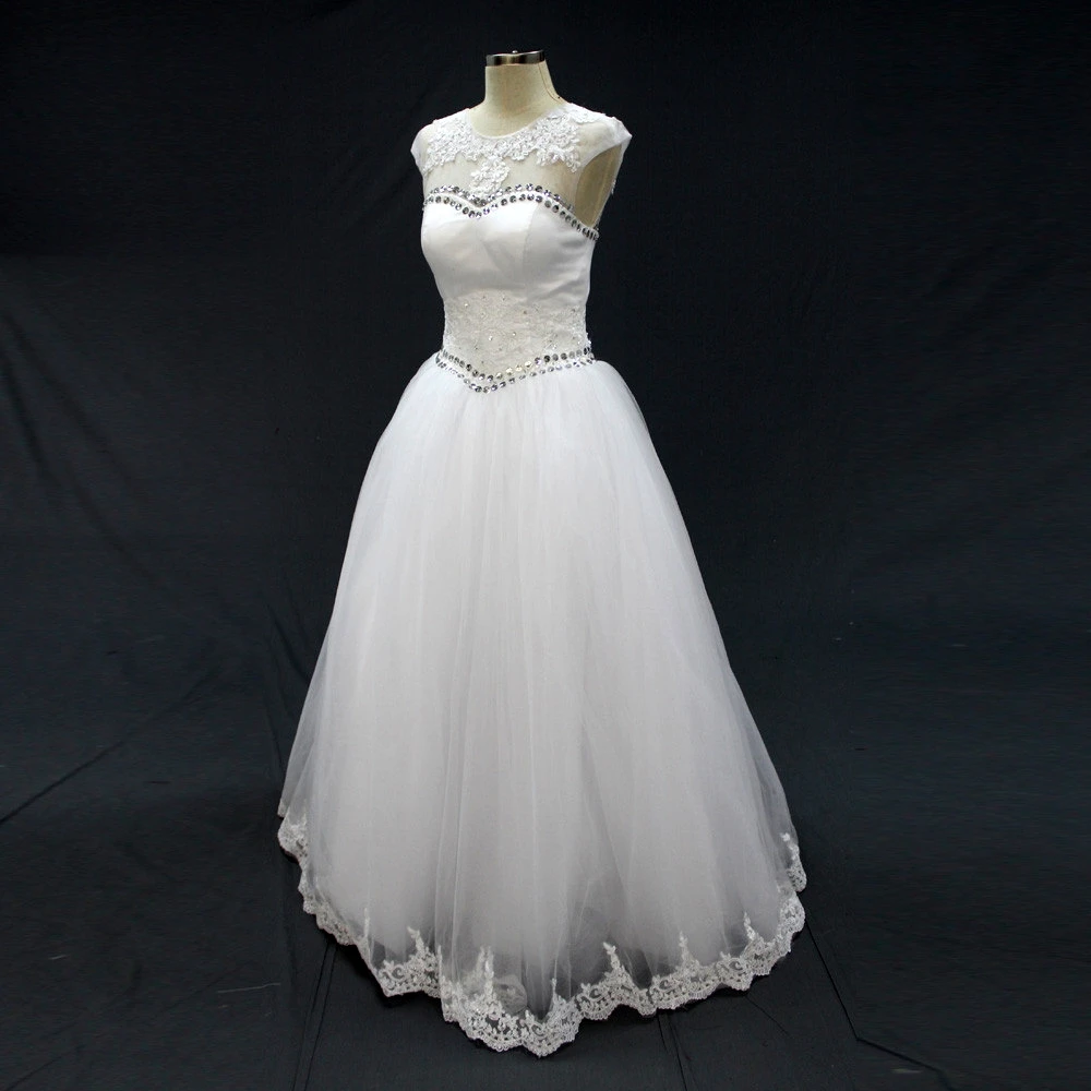 Новый Fashioned Line Свадебное Платье с Кристально О Шеи Белый Casamento Плюс Размер Тюль