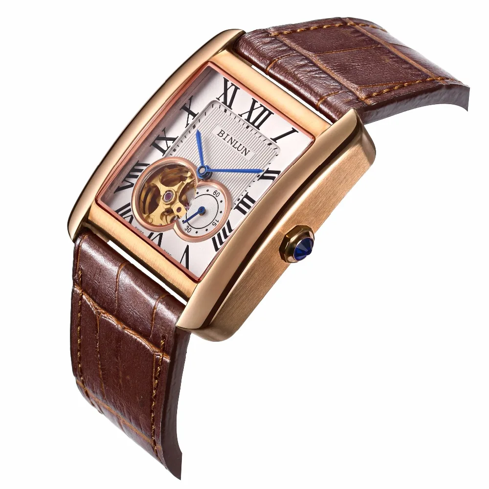 BINLUN классические прямоугольные Мужские автоматические часы Tourbillon механические часы Роскошные мужские часы со скелетом часы из натуральной кожи