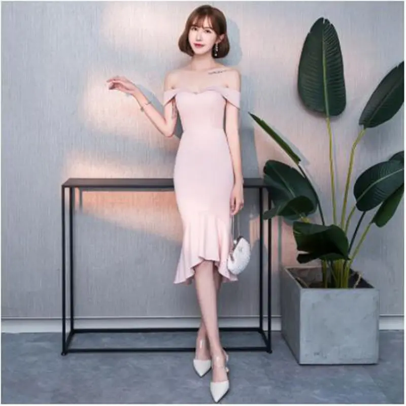 Sexy Lady Pink Off Shoulder Chinese Dress Elegant Fishtail Evening Party Gown Summer New Sleeveless Slim Vestidos De Festa | Тематическая