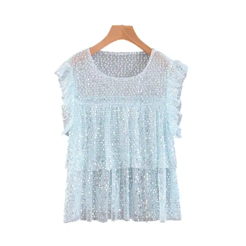 as picture Vadim women sweet sequined solid blouse sleeveless O neck transparent mesh blouse female stylish shirts chic tops WA427 - Цвет: as picture