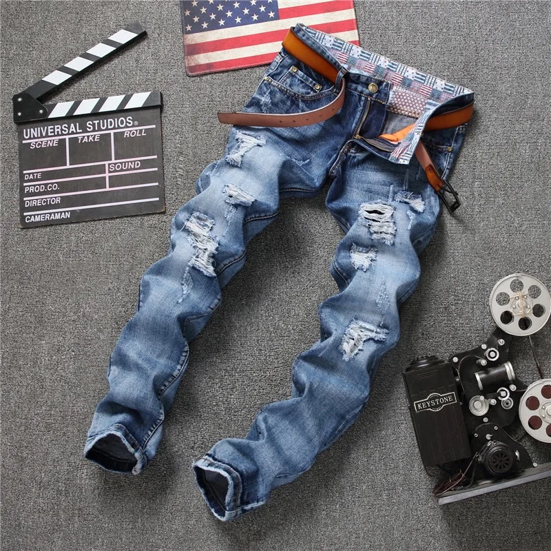 Голубые джинсовые байкерские джинсы мужские джинсы-стрейч большие размеры 38