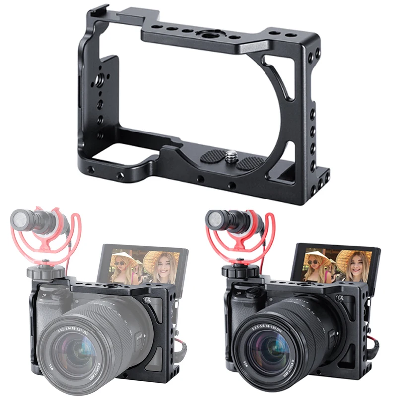

Aluminum Alloy Camera Cage for Sony A6400 DSLR Camera Vlog Metal Case with Cold Shoe Mount 1/4" 3/8" Thread for Microphone