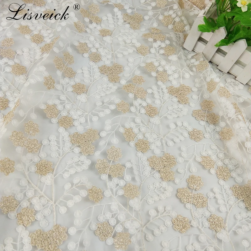 

1yard Shining Gold thread flower Embroidery Net Lace Fabric For dress Cloth African French Tulle Lace For Garment Accessories