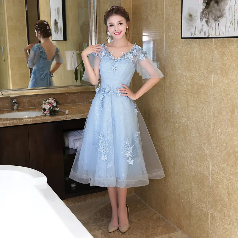 Robe de soiree,, светло-голубое, длиной до середины икры, тонкое, ТРАПЕЦИЕВИДНОЕ вечернее платье, вечернее платье, vestido de festa, платья для выпускного вечера, 3 цвета