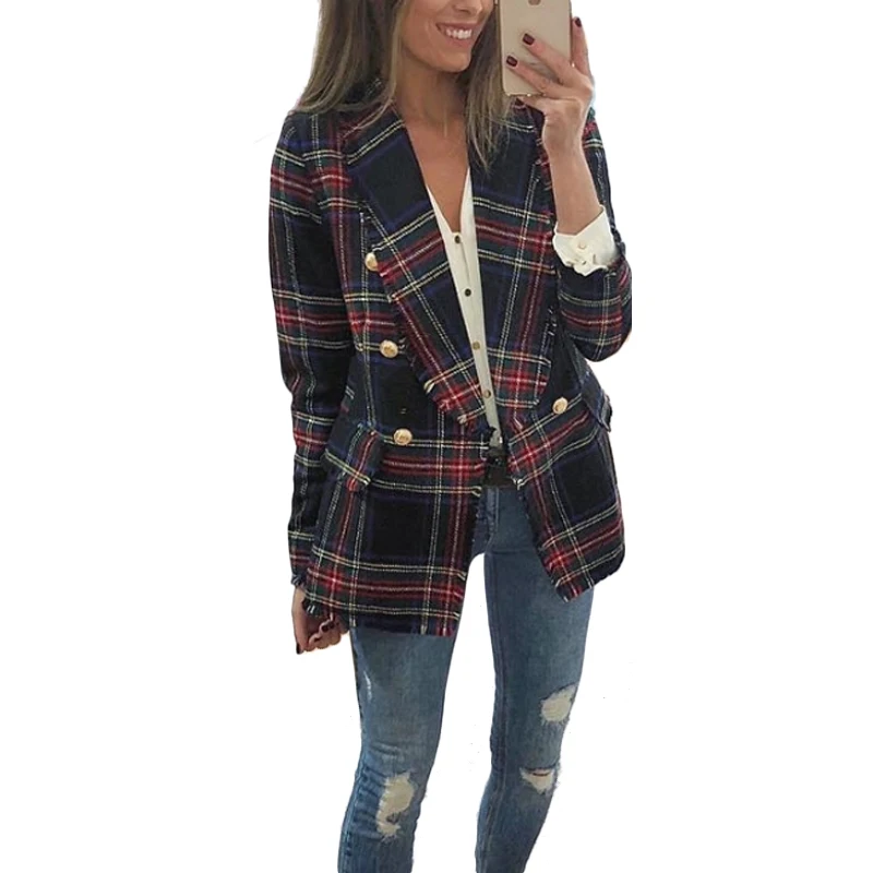 Винтажная клетчатая твидовая куртка пальто с длинным рукавом Veste Femme Modis женская новая весенняя уличная двубортная куртка с карманами