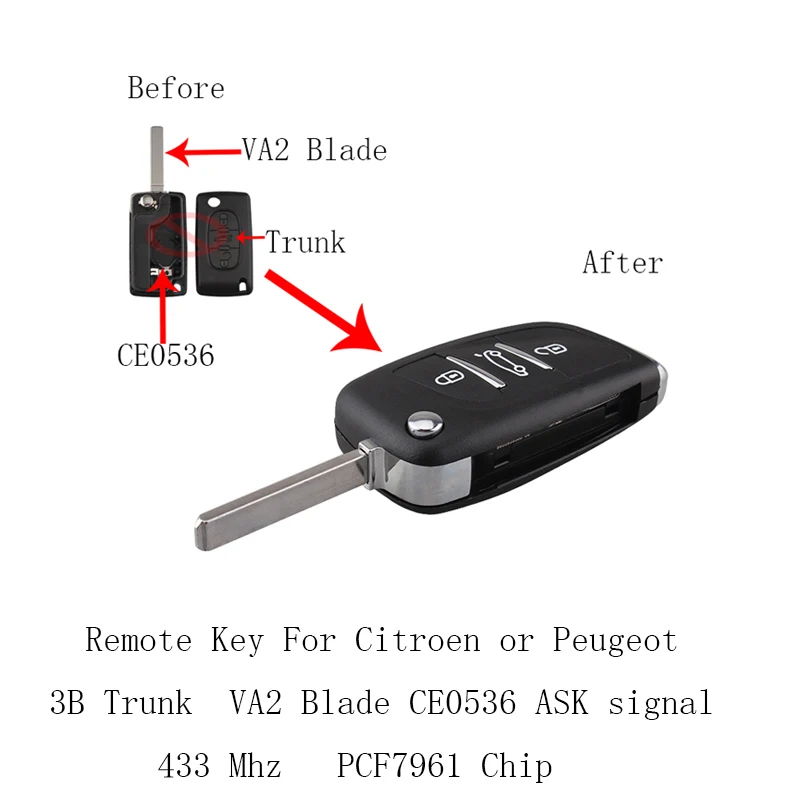 Умный Автомобильный ключ раскладушка с 3 кнопками ASK CE0536 для Citroen Peugeot 207 307 308 407 607 433