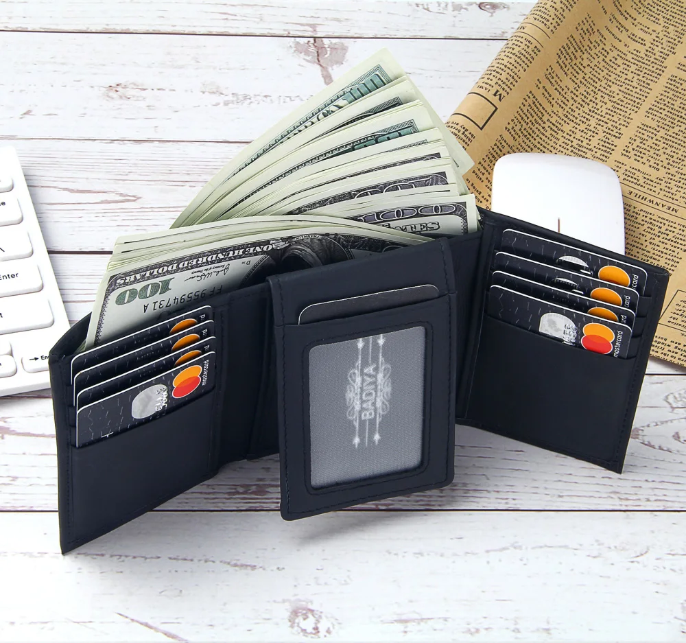 Мужские кошельки RFID из натуральной кожи, черные кошельки с тремя сложениями, мужские однотонные кошельки с несколькими отделениями для карт, маленький короткий кошелек для кредитных карт