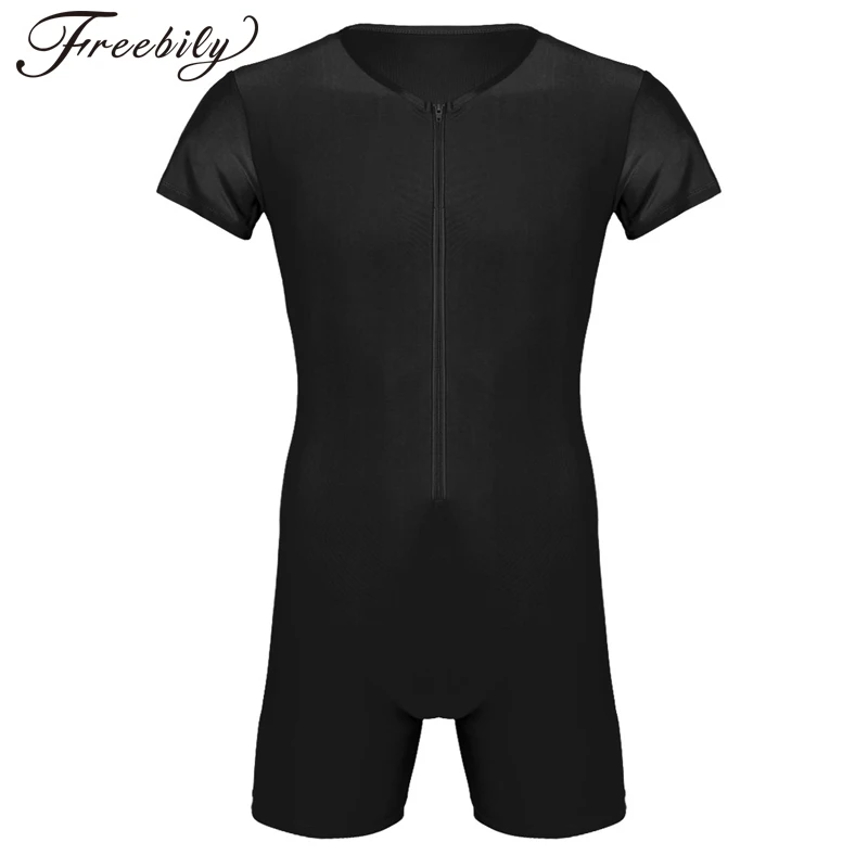 Newest Mens One-piece swimsuit Short Sleeve Front Zipper Boxer Briefs Bodysuit Leotard Underwear Male Swim Wear