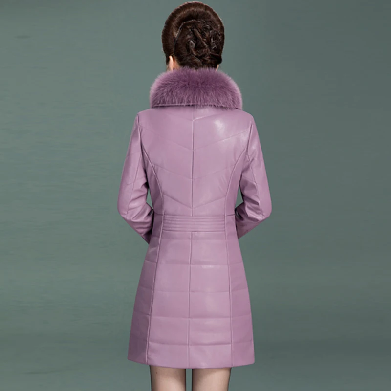 Зимняя женская куртка из искусственной кожи с меховым воротником | Женская