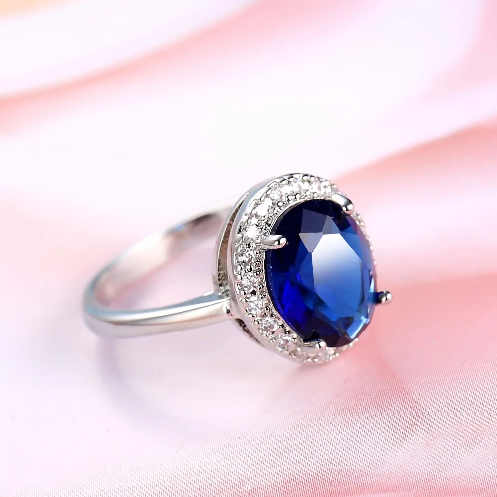 White Gold Filled Finger Rings Hot Woman's Engagement Fine Ring Trendy Luxury Blue Zircon Silver Wedding Vintage Party | Украшения и