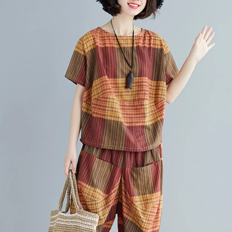 

#0811 Front Pockets Harem Pants And Short Sleeve T Shirt Women Two Piece Set Tops And Pants Ladies Striped Printed Loose Casual