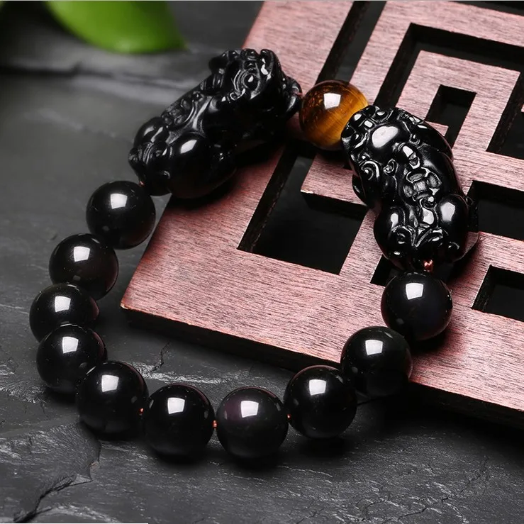 Natural Black Obsidian Beads Bracelet Tiger Eye Stone Jewelry PIXIU Lucky Brave Men Drop Shipping | Украшения и аксессуары