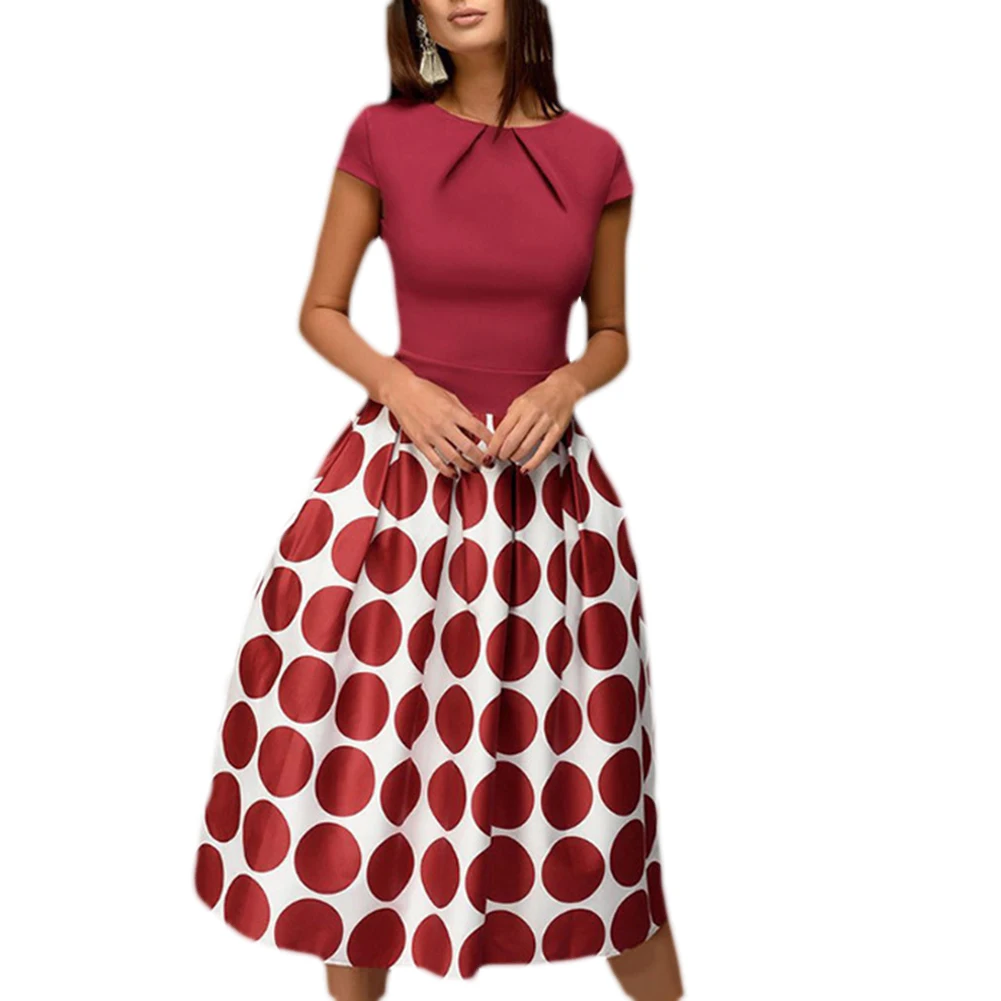 Женское винтажное платье в горошек лоскутное с оборками коротким рукавом и