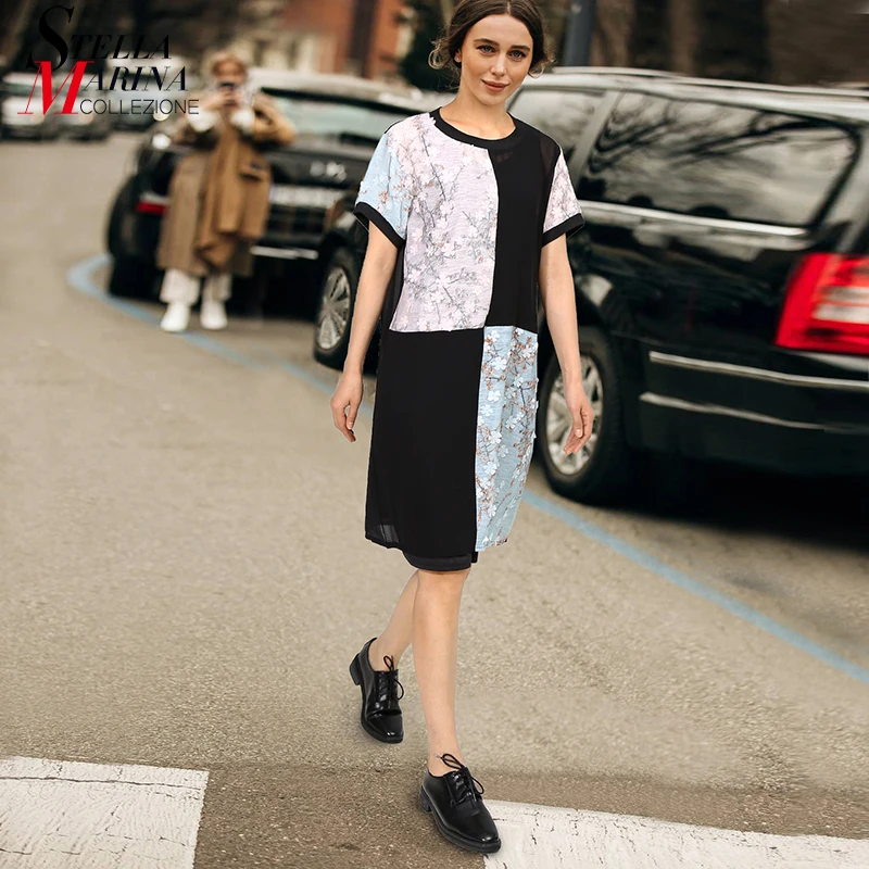 Женское платье средней длины повседневное шифоновое составного кроя с короткими